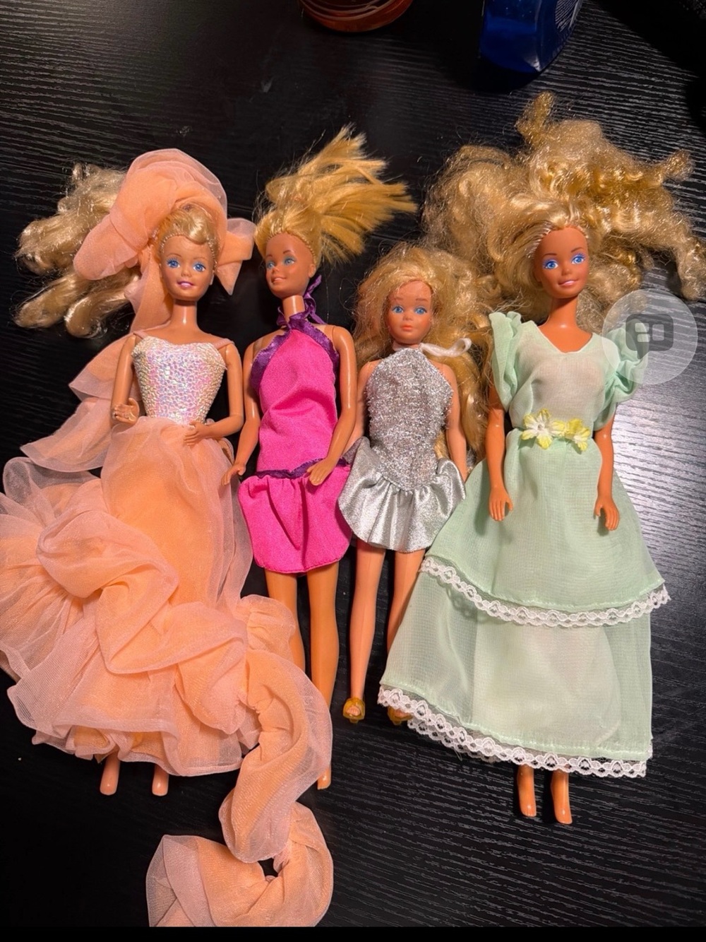 Barbie Dolls in Peach, Pink, Silver & Mint Party Dresses